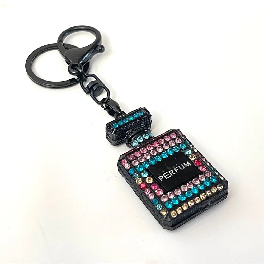 Luxury Perfume Bottle Bag Charm Key Chain - Black‎ Colorful Rhinestone Bling